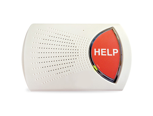 A white emergency alert device with a large red button labeled "HELP" on the right side.