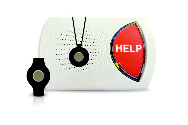 White emergency alert device with a large red "HELP" button, accompanied by a black wearable pendant and wristband with matching buttons.