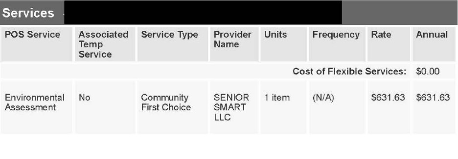 Table listing an Environmental Assessment service by Senior Smart LLC, with a rate and annual cost of $631.63, and no associated temp service.