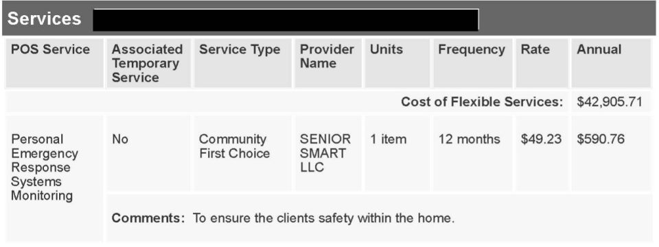 A table showing service details for Personal Emergency Response Systems Monitoring, costing $590.76 annually, provided by SENIOR SMART LLC, with a total flexible services cost of $42,905.71.