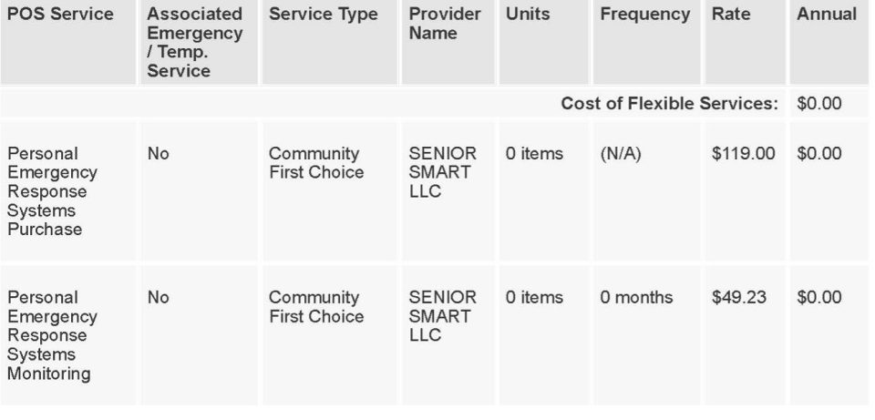 A service cost table showing two Senior Smart LLC services, both with $0 cost for flexible services and annual rates of $119.00 and $49.23 respectively.